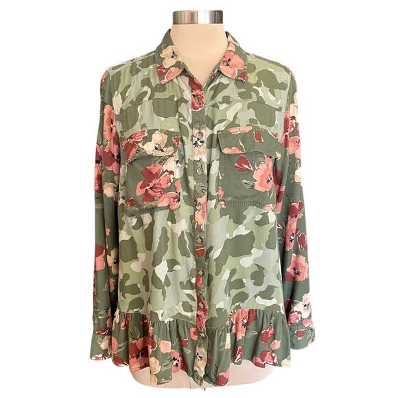 Cato Camouflage Floral Boho Button Up Top Sz 14/16W Ruffled Feminine Fall Casual - Picture 1 of 9